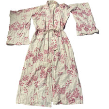 Vintage Japanese Kimono Robe Women's Size M Cotton Handsewn Pink Flowers