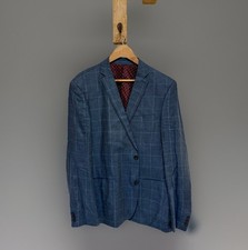 Next Men's 100% Linen Grid Check Blue Mix Fitted Blazer Jacket Size 46" Long