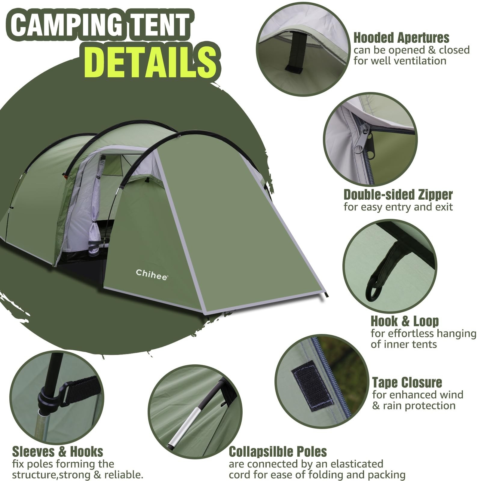 Camping Tents Tunnel Tent 4 Person Family Tents with 2 Doors Extra Large Weat...