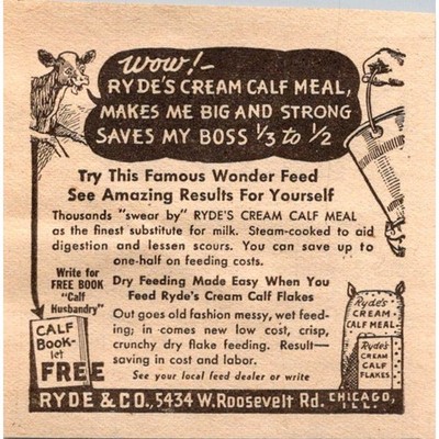 Ryde & Co. Ryde's Cream Calf Meal Chicago IL 1940 Racine WI Clipping SAH5-M1