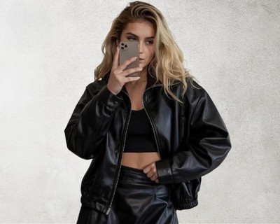 Women's Genuine Leather Bomber Jacket Black Oversized Casual Coat With Pockets