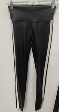 Spanx Leggings SZ S/P Small Black White Stripe Faux Leather Stretch Casual READ