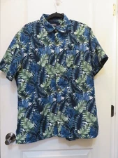 Hawaiian Shirt VAN HEUSEN  Men’s Shirt Green BLUE TROPICAL LEAVES LARGE 16-16.5
