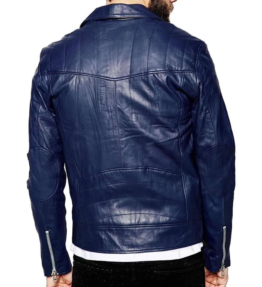 New Men's Genuine Lambskin Leather Biker Jacket Slim Fit Motorcycle Blue Jacket - Image 2 of 4