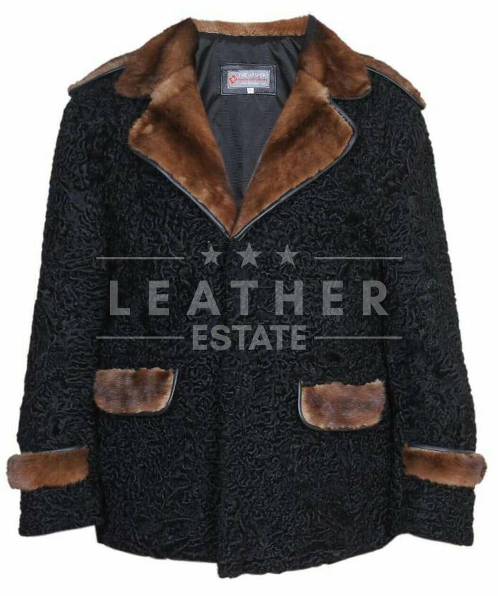 Men's Black Real Persian Lamb Fur Real Mink Collar, Shoulder