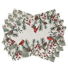 Winter Cardinal Birds Placemats Set of 4 Red Berries Branch Pine Cone Cotton ...