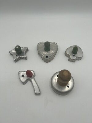 Metal Cookie Cutters LOT of 5 w/ Wooden Handles Axe, Star, Heart, Circle, Spade