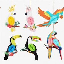 Tropical Parrot Honeycomb Paper Cutouts - 6 Piece Hanging Party Decor Set for Su