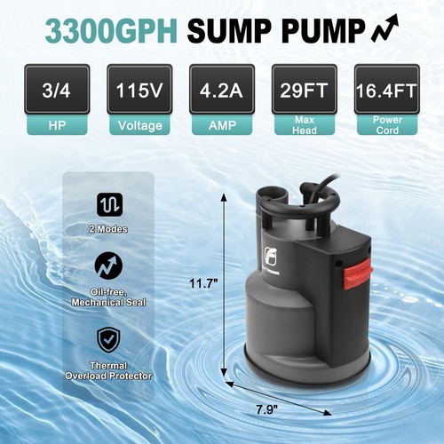 FLUENTPOWER 3/4HP 3300GPH Submersible Sump Utility Water Pump AutoManual Control - Picture 3 of 8
