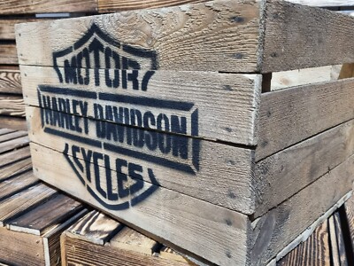 HARLEY DAVIDSON RUSTIKALE HOLZ APPLE BOX KISTE KOFFER - MANNSHÖHLE / SIE SCHUPPEN