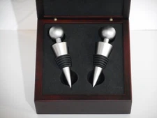 Wine Bottle Stoppers - Set of Two in Wood Box with Inset Tile