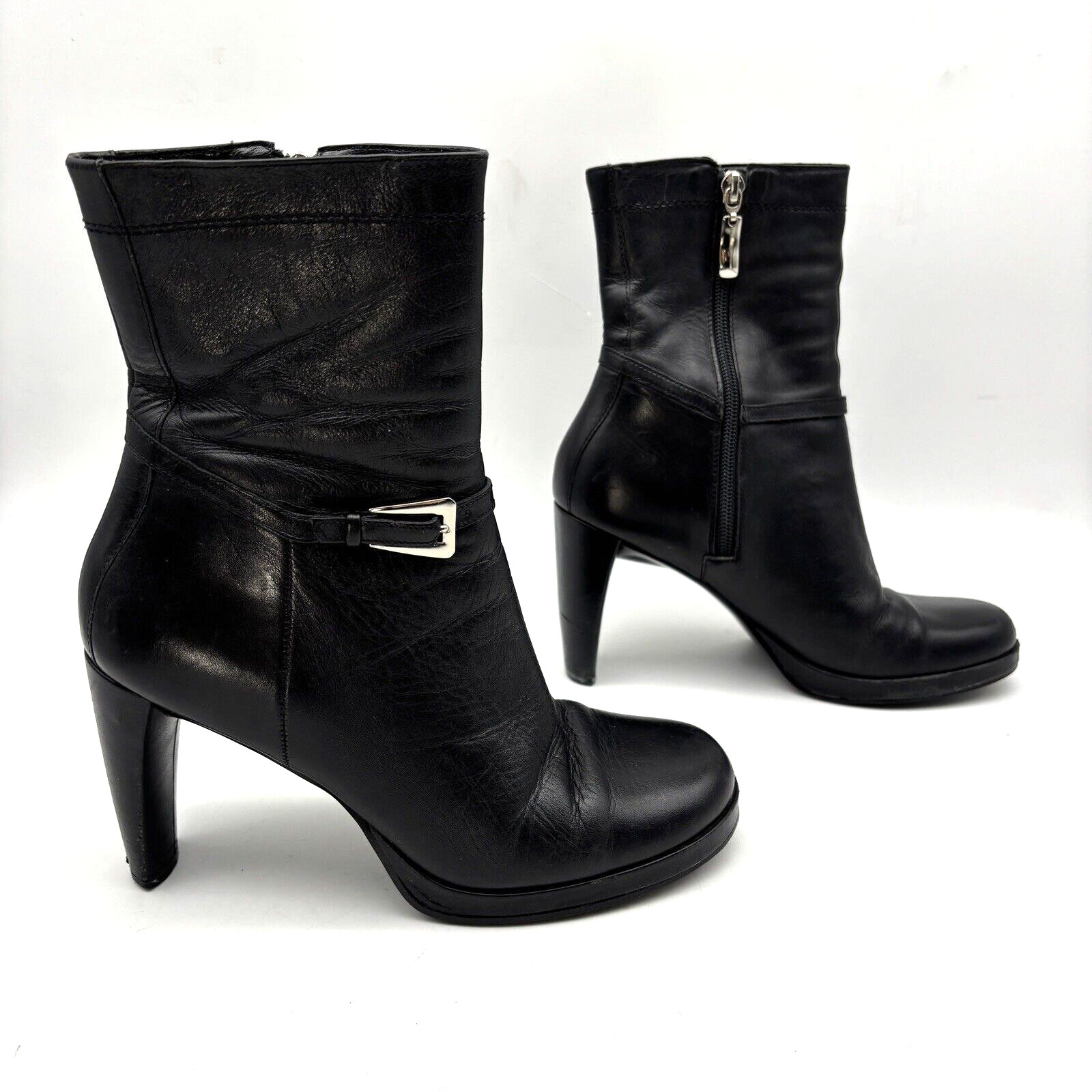 Vintage 90s Y2K Enzo Angiolini 'OASIS' Black Leather Block Heel Ankle Boots 7M