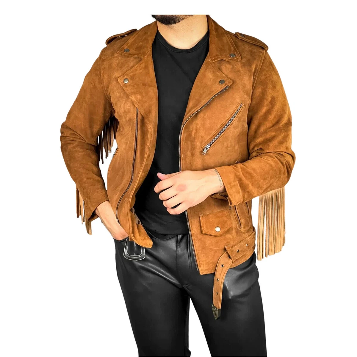 Homme Daim V ritable Veste Cuir Souple Franges Motard Fauve Marron