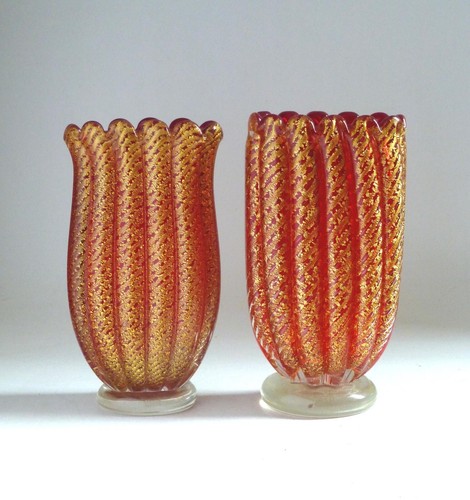 Barovier & Toso Vintage Murano Glass Red Cordanato d'Oro Vases x 2. Mid Century - Picture 3 of 8