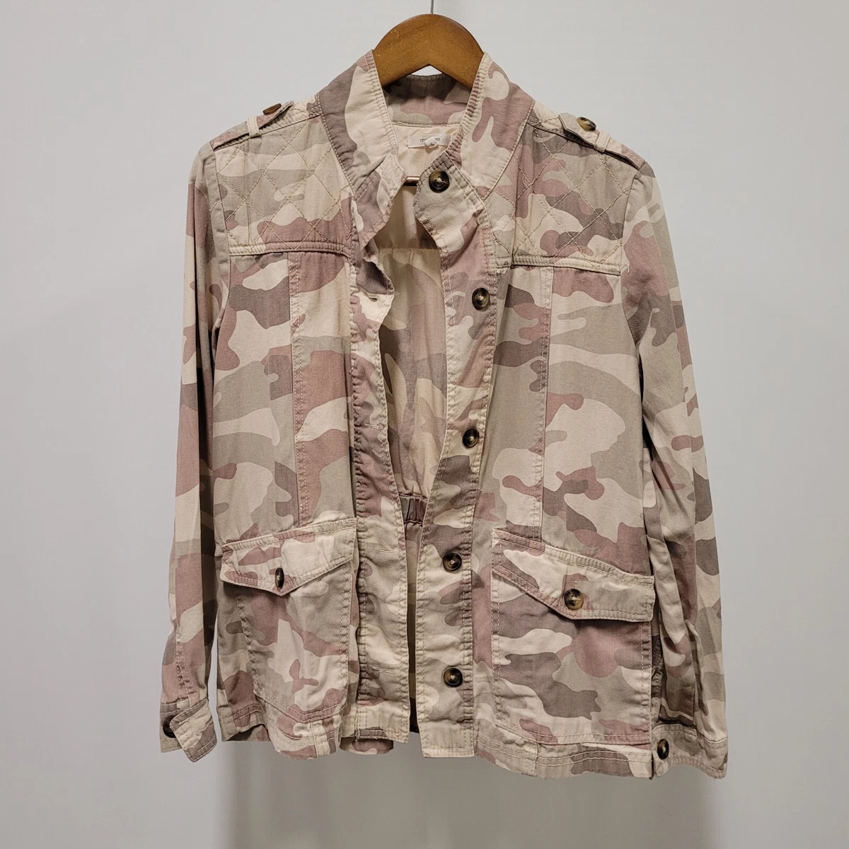 Maurices Womens Sz Small Camo Camouflage Yoke Tan Beige Utility Button Jacket