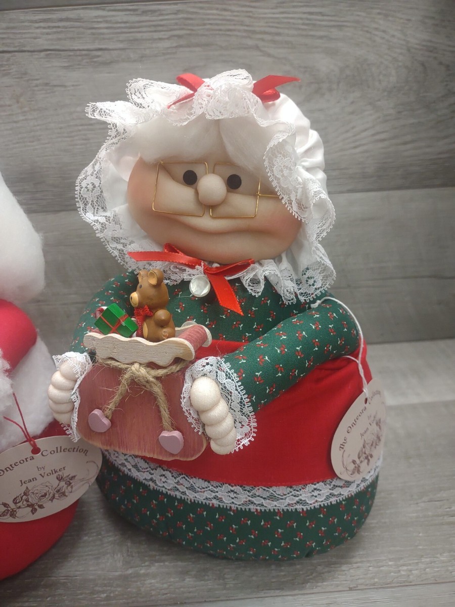 Vtg Christmas mr/mrs Claus Plush Primitive Folk Art Signed Jean