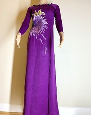 Purple Ao Dai Vietnamese Embroidered Lua Tay Thy Long Dress with Matching Pants