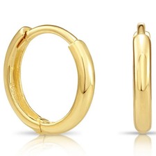 14K Yellow Gold Finish Shiny Round Plain Huggie Hoop Earrings Small Size 12MM
