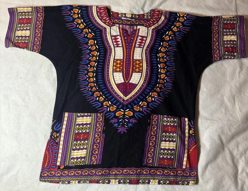 Vintage Dashiki Shirt Black African Print Boho Hippie Tunic Small