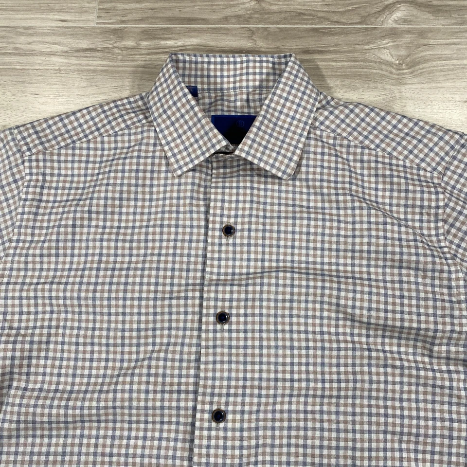 Camisa David Donahue Para Hombres 16 M/L Beige Cuadros Guinga Vestido con Botones Fusión Foto 4 de 4