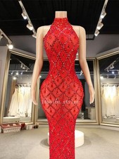 Red Stones Dress Bodycon Halter Sleeveless Ballroom Evening Clothing Rhinstone