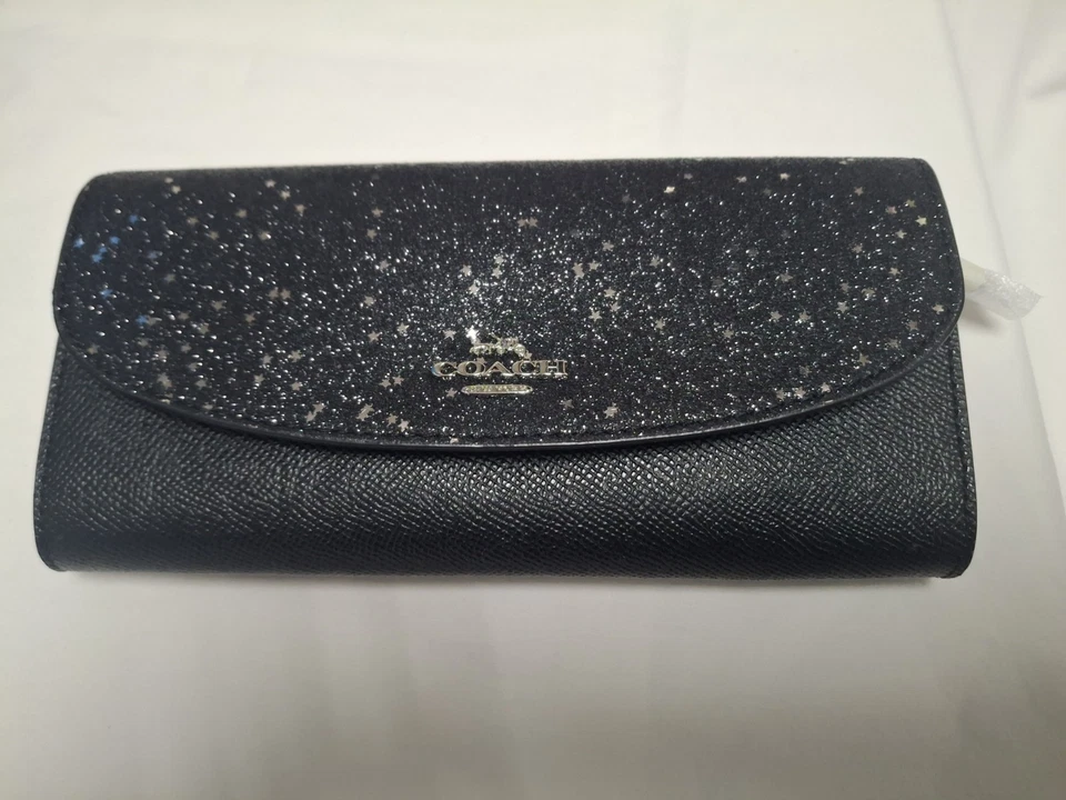 全新无标签 ~ Coach ~ Star 闪耀超薄信封钱包 ~ 黑色 ~ 皮革 ~ 大号 ~ F38692 ~ 全新带盒 — 第 2/4 张图片
