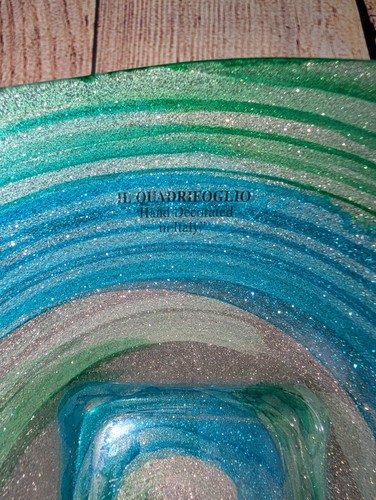 NUOVO IL QUADRIFOGLIO Art ciotola vetro blu verde vortice fondo argento decorata a mano - Foto 3 di 5