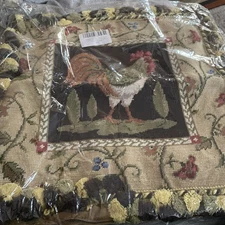 New French Country Rooster Pillow Cover Needlepoint 21” Vintage Tassels Flowers 
