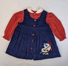 VTG 80s Toddler Dress Jumper RN16954 Navy Red Collar Applique Paint Palette Sz 4