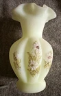 Vintage Fenton Yellow Custard Ruffled Edge Vase , Hand Painted, Glows