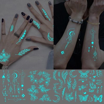 Blue Luminous Fake Tattoo Waterproof Geometric Butterfly Rose Moon For Arm Body