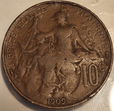 1909 France 5 Centimes - French Republic  - Bronze Coin! Good Condition!