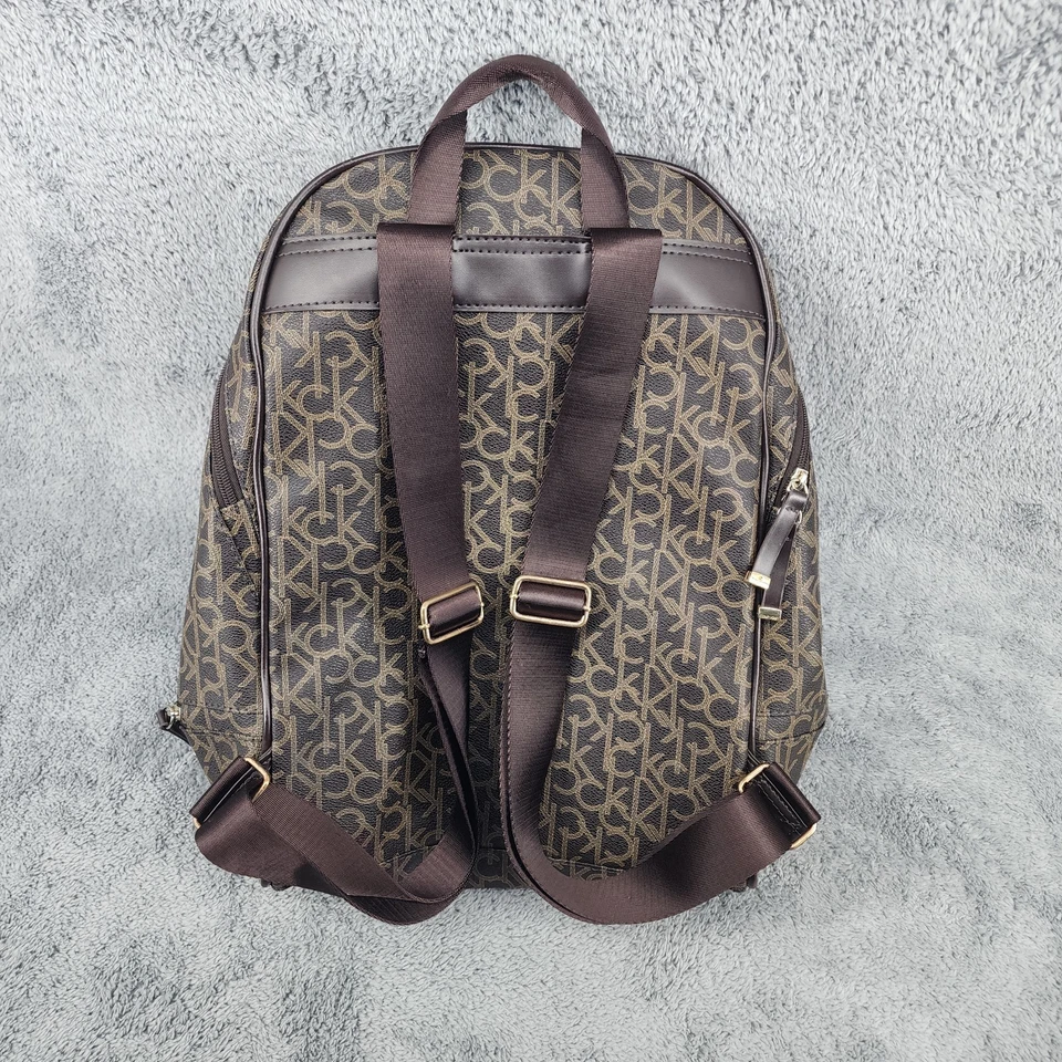 Calvin Klein Signature Backpack Brown Monogram Gold Logo Print Book Bag Womens - Image 3 of 4