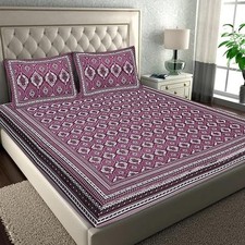 BOHOBAZARINDIA 100 Cotton Double Bedsheet Set Pink Jaipuri Print with 2 Pillow