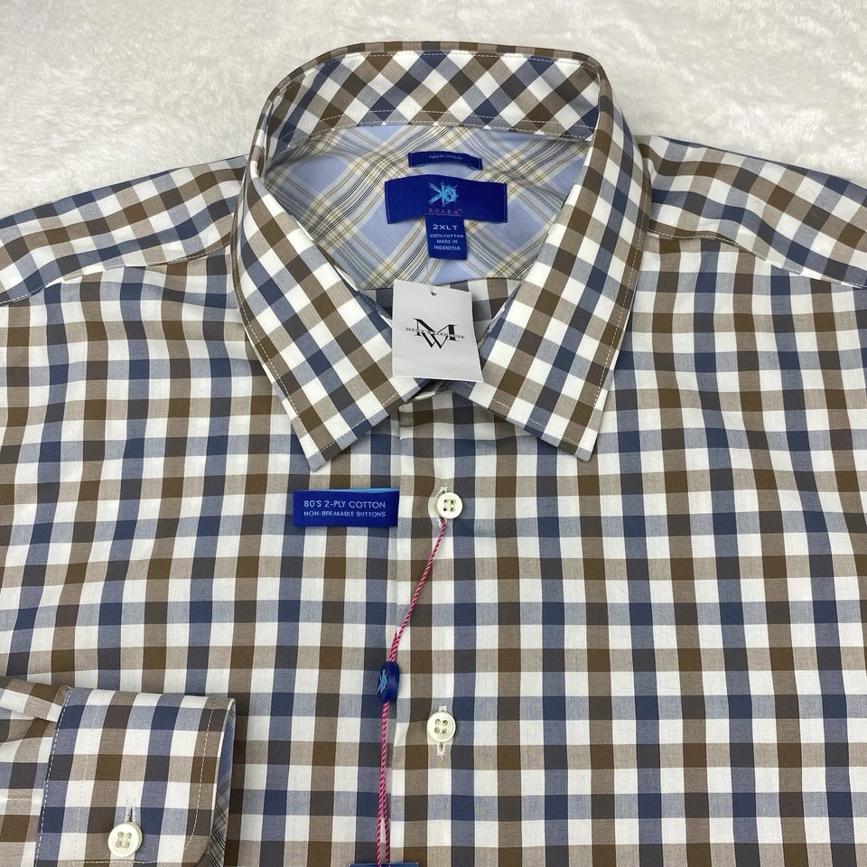 Camisa de vestir EGARA para hombre 2XLT azul/marrón a cuadros sin planchar ¡Nueva con etiquetas! Foto 2 de 4