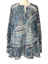 Show Me Your Mumu Top Womens M Blue Paisley Bell Sleeve Boho Tunic Blouse