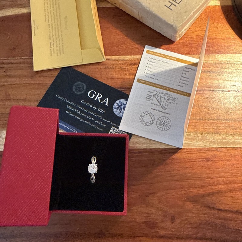 GRA Moissanite Engagement Ring Round Cut, Size 6 Adjustable Band