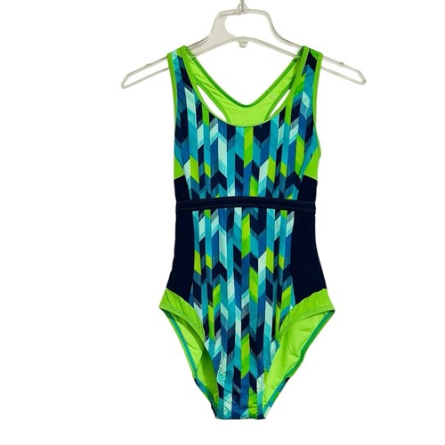 Costume da bagno LL Bean taglia 8 blu navy verde racerback geometrico sportivo nuovo senza etichette - Foto 13 di 13