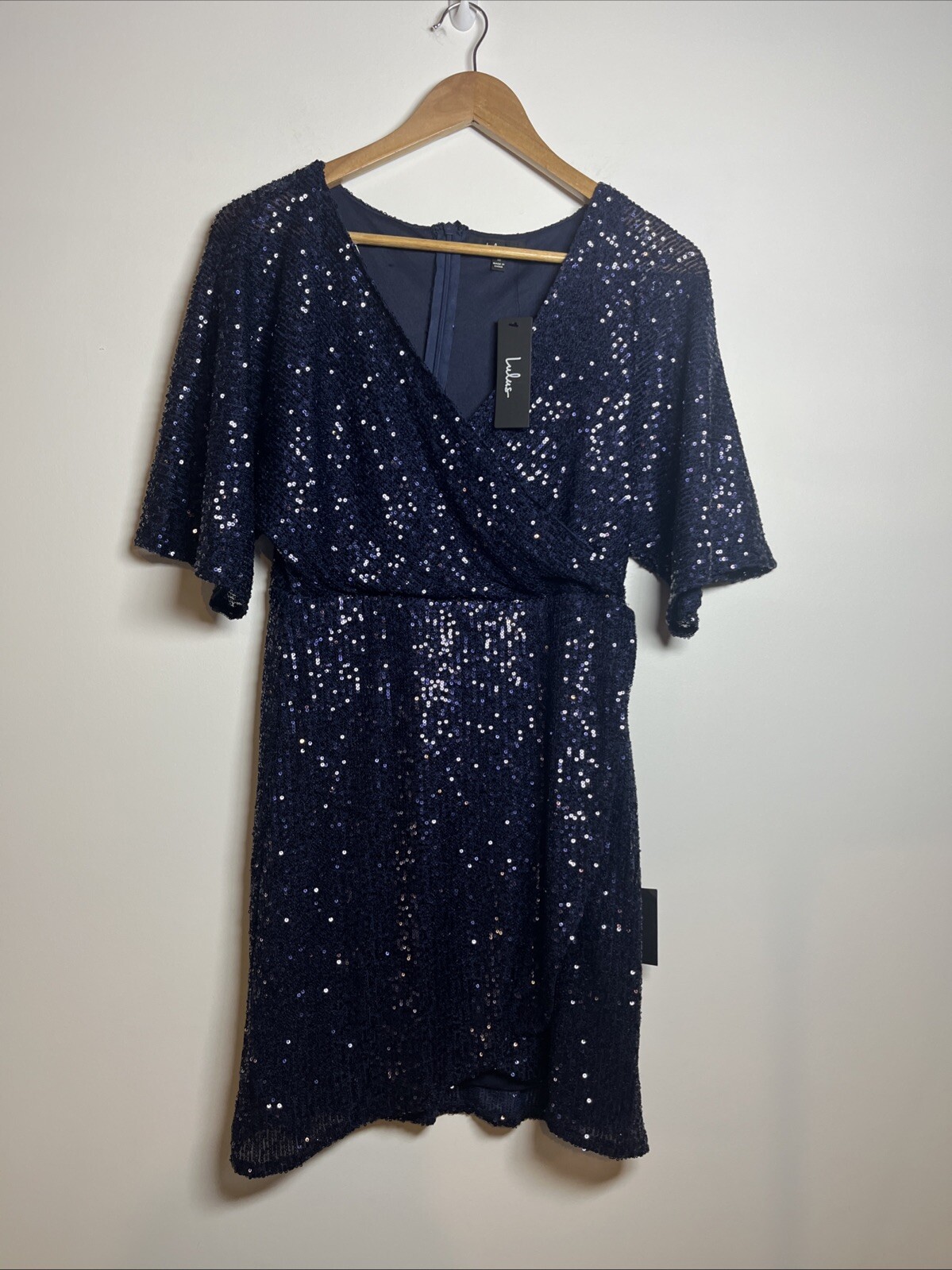Lulus Navy Blue Sequin Short Sleeve Dress Medium NWT