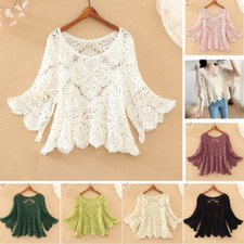 Donna Uncinetto Top Corto Cavo Bolero Alzata di Spalle Scialle Mezza Manica Sole