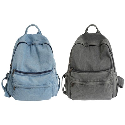 Denim Leisure Backpack Large Capacity Students Travel Daypack Simple Solid Color