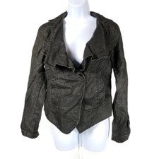 CAbi Linen Modern Moto Jacket Womens M Black Snap Front Ruffle Shawl Collar