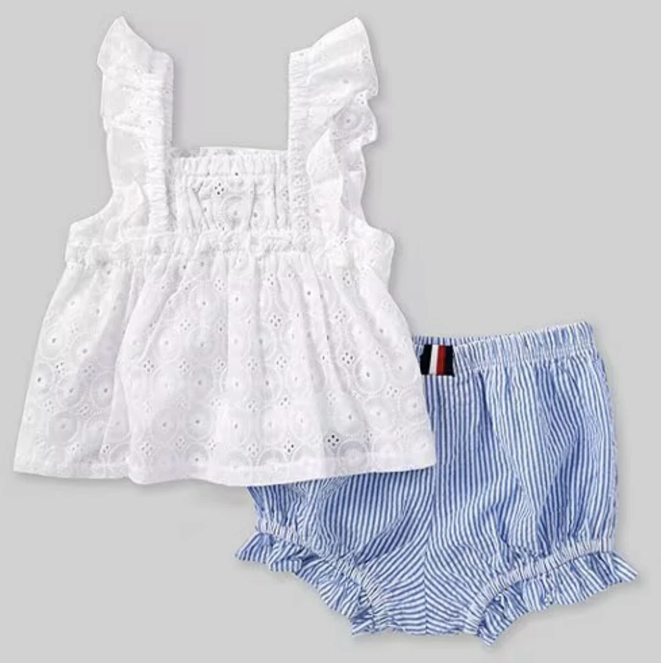 NUEVO CON ETIQUETAS, Conjunto Top con ojales Tommy Hilfiger para bebés niñas y flores Seersucker. 6/9 meses Foto 2 de 2