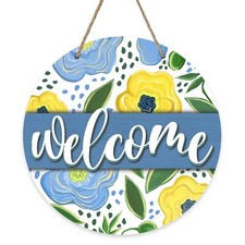 Welcome Spring Summer Flower Front Door Sign, Blue Yellow Floral Wood Door Ha...