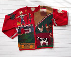 vtg Woolrich red cow chicken farm hand knit cardigan sweater S