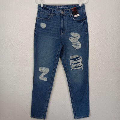 No Boundaries Mom Jeans Size 7 High Rise Distressed Medium Wash Blue Denim 28x27