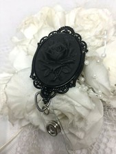 BLACK ROSE GOTHIC ROCKABILLY CAMEO ID Badge Tag Holder Retractable Reel witch