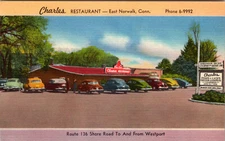 EAST NORWALK CONNECTICUT ROADSIDE CHARLES RESTAURANT VINTAGE LINEN POSTCARD