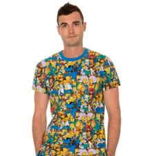Adult The Simpsons Multi Character Collage Cartoon Funny Men's Blue T-shirt Tee