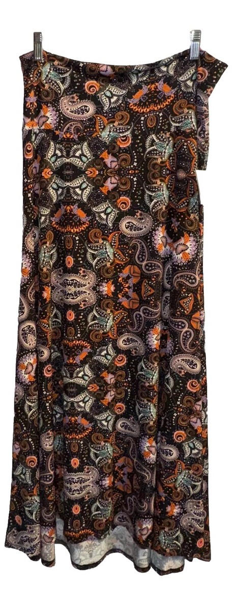NWT LULAROE Large Black Orange White Paisley Slinky Maxi Skirt